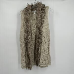 DressBarn Womens Sweater Vest Size L Faux Fur Trim Cable Knit Chunky Festival